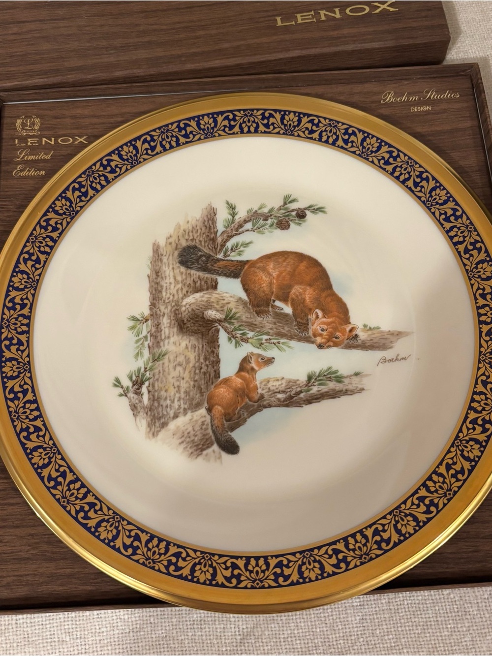 Lenox Decorative Plate with Marten Pair and Blue & Gold Border New in Box